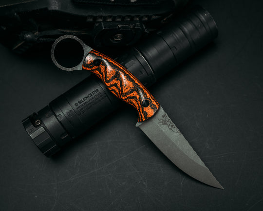 Osoraku 3" Mini - Carbon, Orange Resin, Rubber and Micarta, CF Pins, Grooved Grip