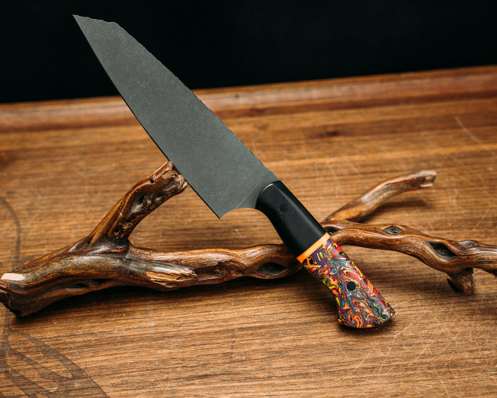Santoku - Richlite, Orange G10 Split, Rainbow Resin Swirl, Smooth Grip CF Pins