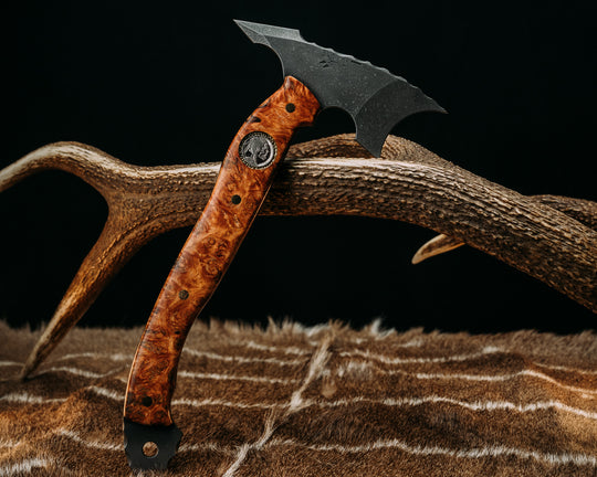 Crescent Hawk- Amboyna Burl, 1937 ATX Engraving Skull Buffalo Nickel Over Stippled Brass Inlay, Mosaic Pins, Smooth Grip