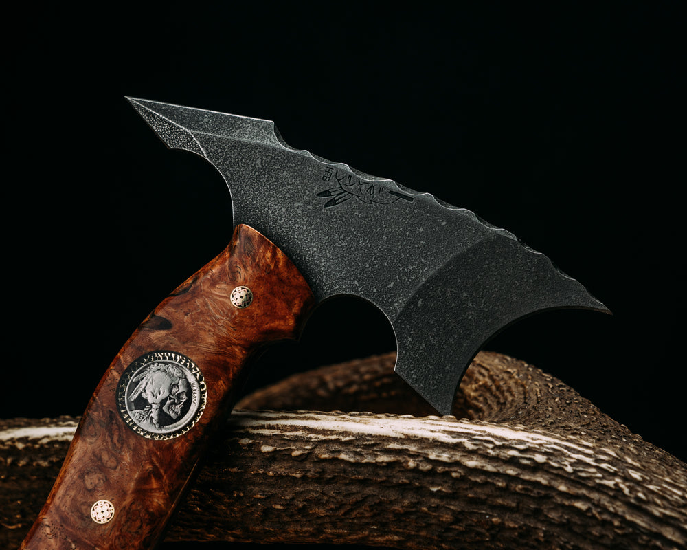 Crescent Hawk- Amboyna Burl, 1937 ATX Engraving Skull Buffalo Nickel Over Stippled Brass Inlay, Mosaic Pins, Smooth Grip