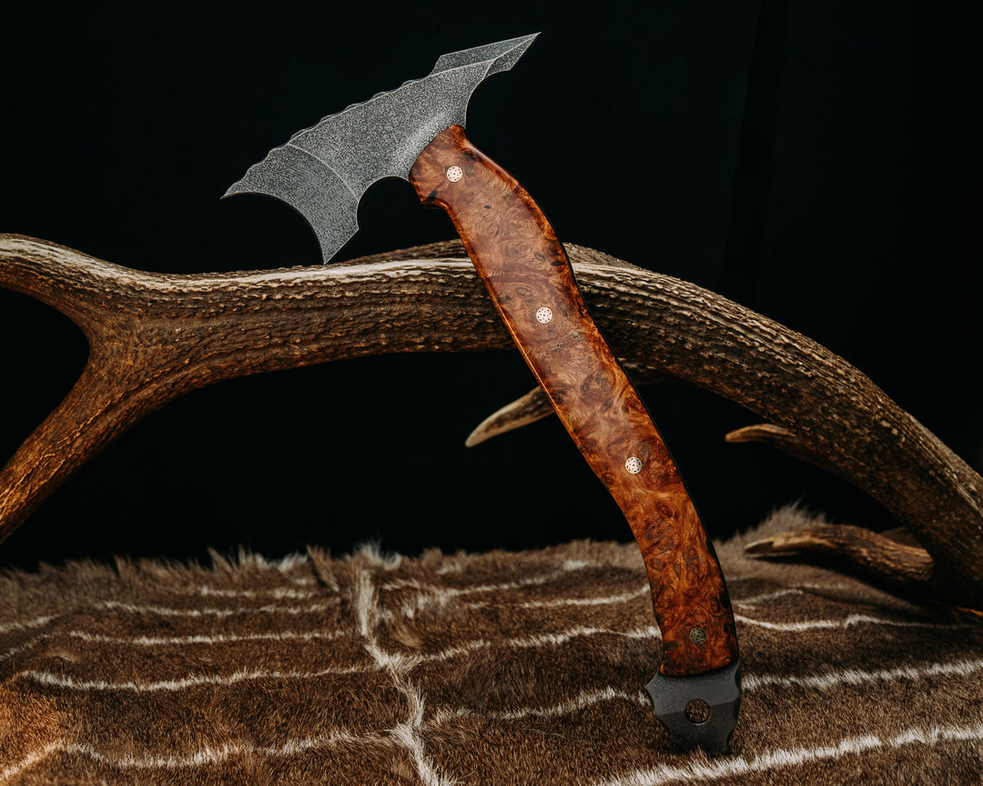 Crescent Hawk- Amboyna Burl, 1937 ATX Engraving Skull Buffalo Nickel Over Stippled Brass Inlay, Mosaic Pins, Smooth Grip