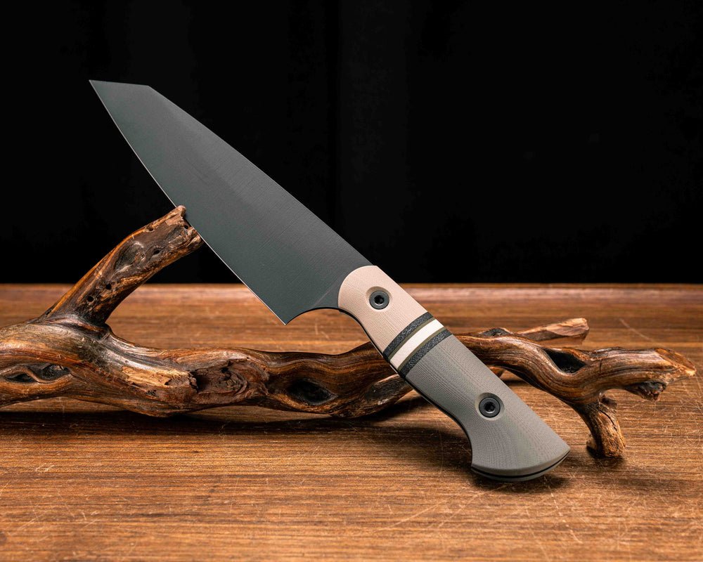 Santoku- Desert Tan G10, Black Canvas Micarta, OD Green G10 and White G10 Split, Grey G10, Armor Black Cerakote, Allen Bolts, Smooth Grip