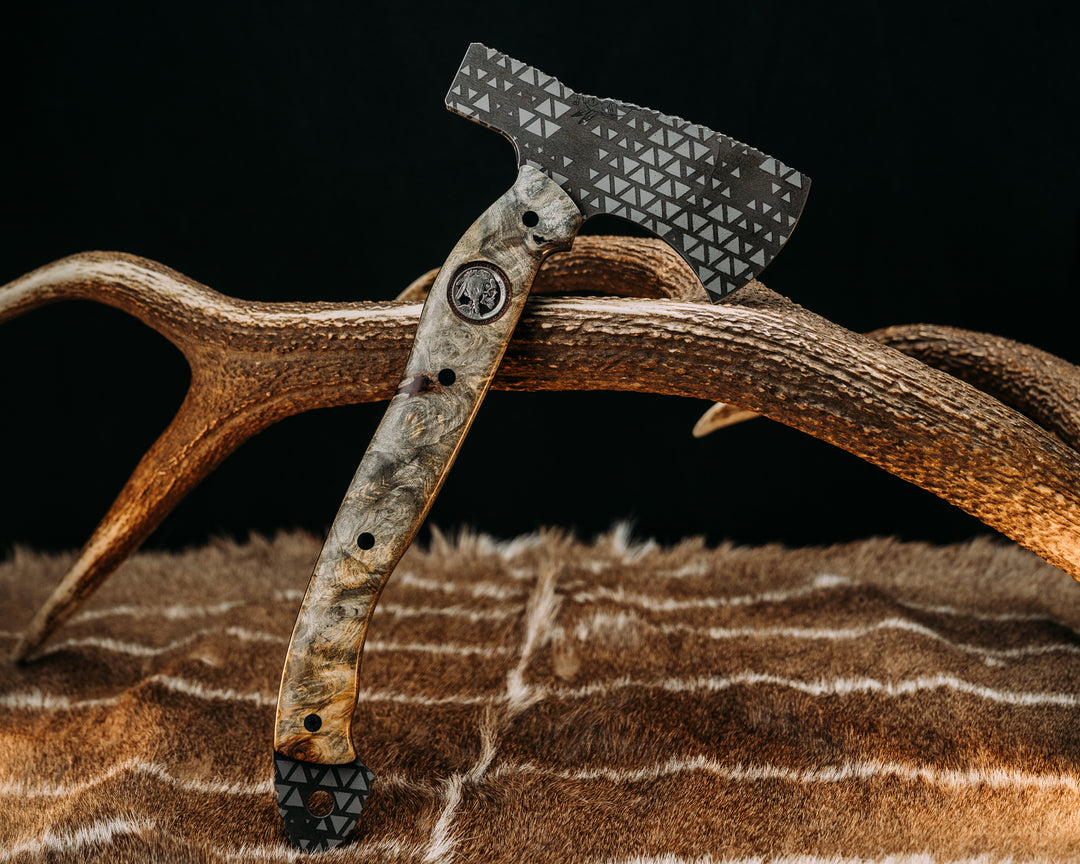 Camp Hatchet- Buckeye Burl, 1937 ATX Engraving Skull Buffalo Nickel and Stippled Copper Inlay, CF Pins, Black G10 and Aluminum Liner, Smooth Grip