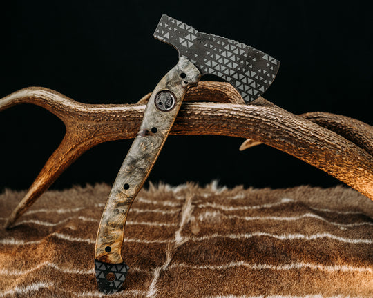 Camp Hatchet- Buckeye Burl, 1937 ATX Engraving Skull Buffalo Nickel and Stippled Copper Inlay, CF Pins, Black G10 and Aluminum Liner, Smooth Grip