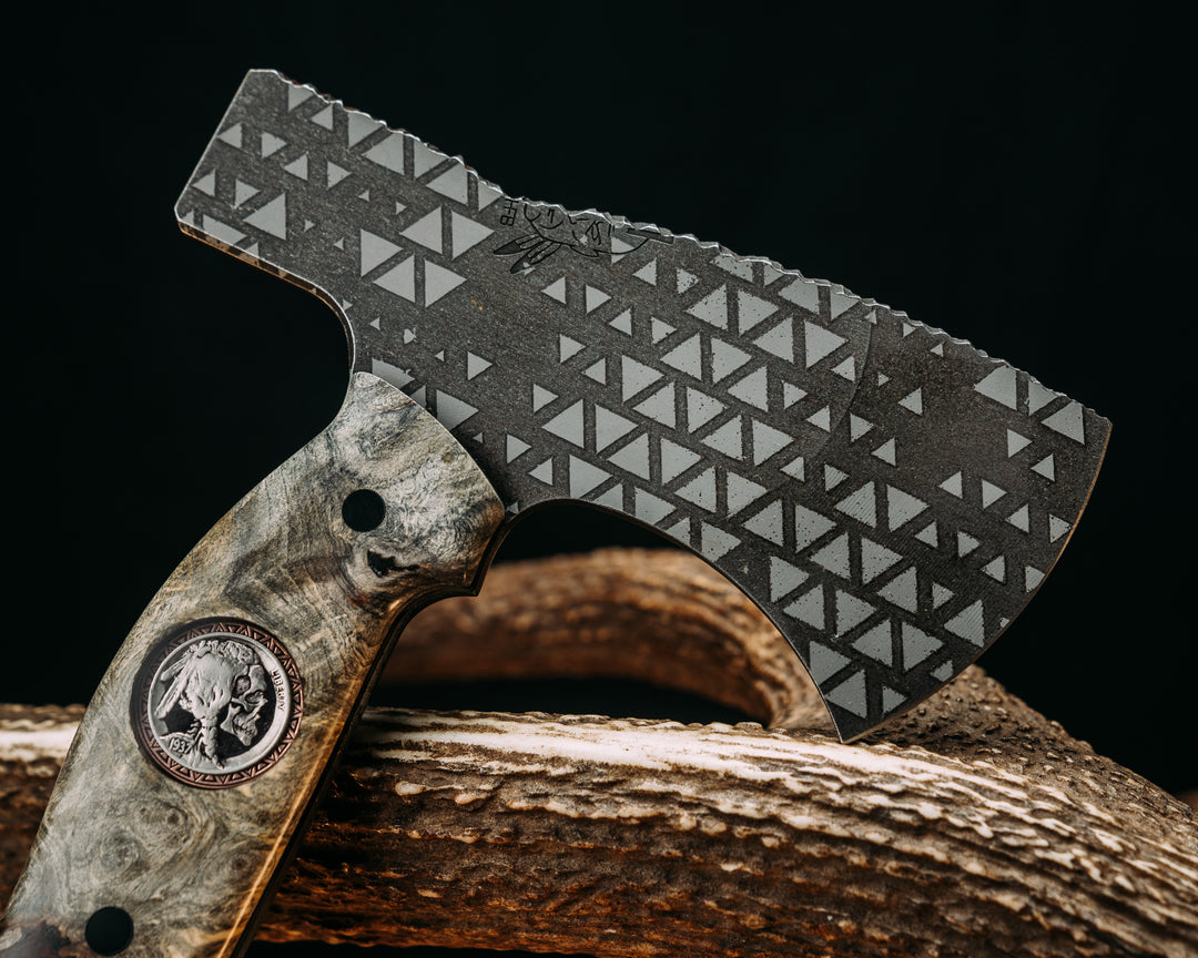 Camp Hatchet- Buckeye Burl, 1937 ATX Engraving Skull Buffalo Nickel and Stippled Copper Inlay, CF Pins, Black G10 and Aluminum Liner, Smooth Grip