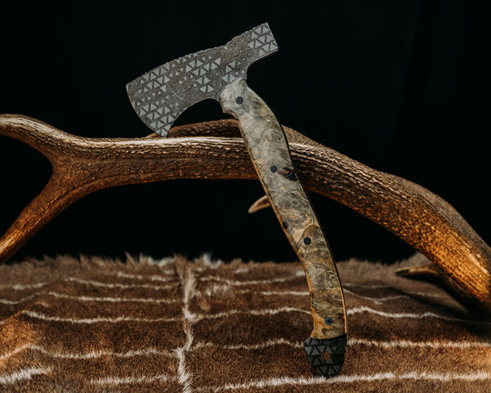 Camp Hatchet- Buckeye Burl, 1937 ATX Engraving Skull Buffalo Nickel and Stippled Copper Inlay, CF Pins, Black G10 and Aluminum Liner, Smooth Grip