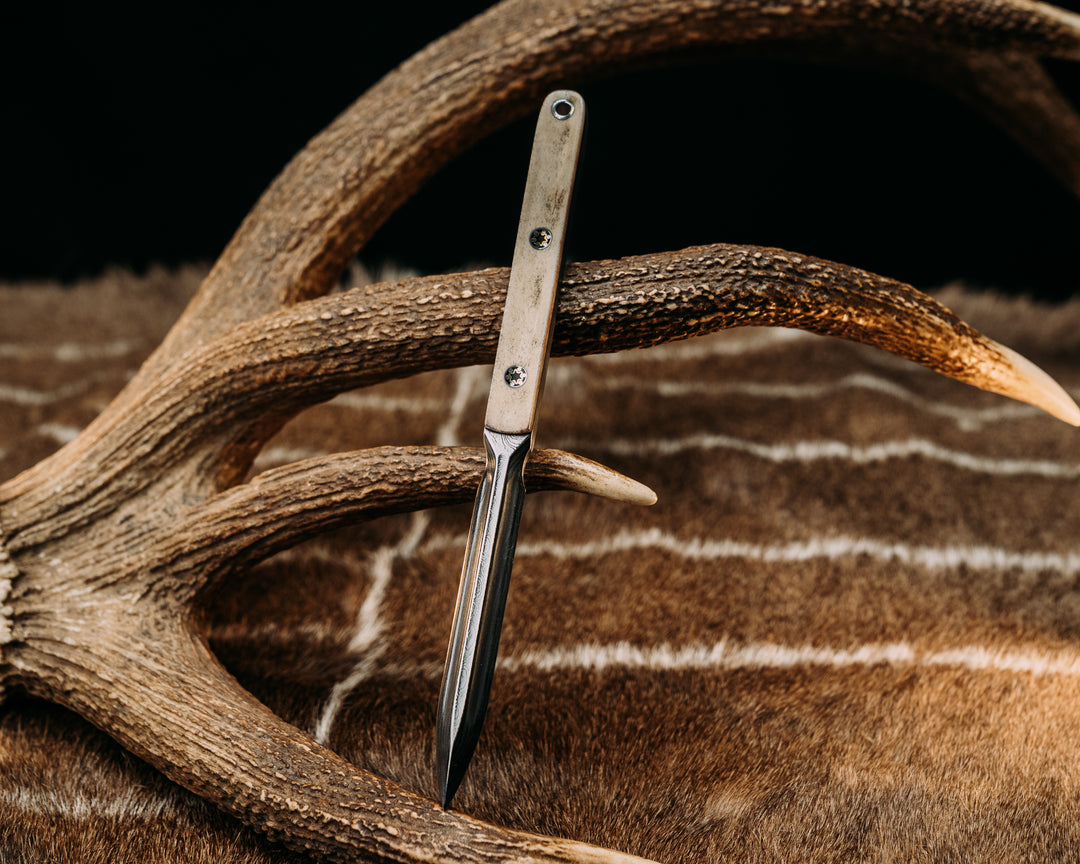 OSS Spike- Baker Forge Raindrop Damascus- Moose Antler, Mosaic Pins, Aluminum Lanyard Pin, Smooth Angled Grip