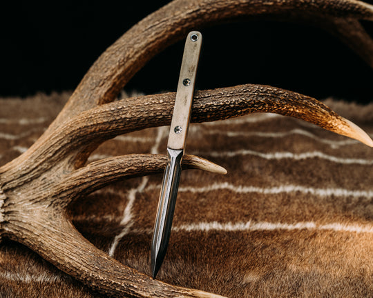 OSS Spike- Baker Forge Raindrop Damascus- Moose Antler, Mosaic Pins, Aluminum Lanyard Pin, Smooth Angled Grip