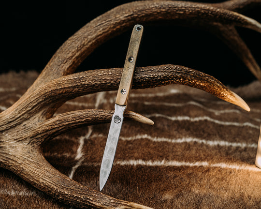 OSS Spike- Baker Forge Raindrop Damascus- Moose Antler, Mosaic Pins, Aluminum Lanyard Pin, Smooth Angled Grip