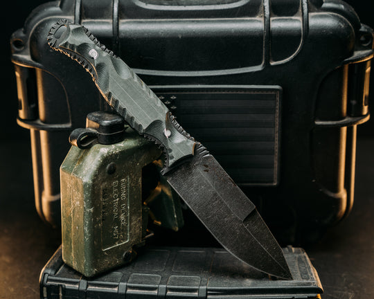 Hog Hunt- Real LBT MAS Grey Nyco Micarta, Old School Rock Work, Gimping, Waterjet Mark Spine, Glow Pins, Textured Grip