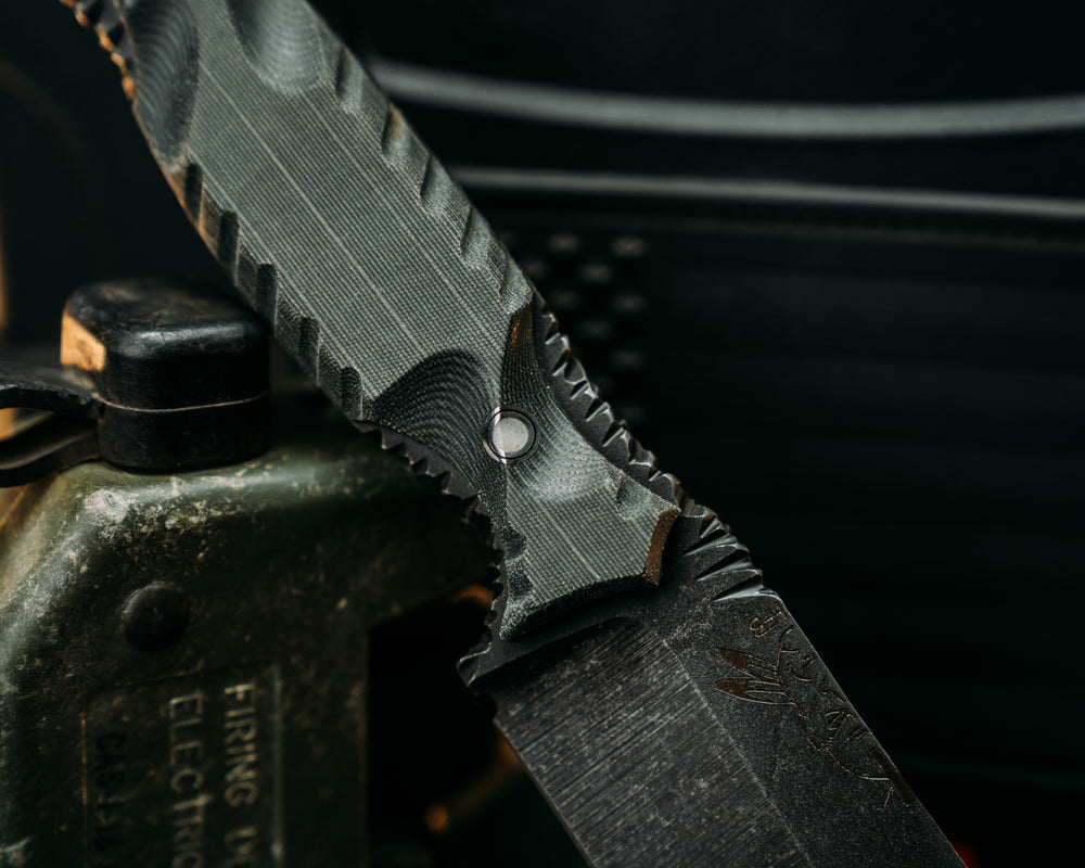 Hog Hunt- Real LBT MAS Grey Nyco Micarta, Old School Rock Work, Gimping, Waterjet Mark Spine, Glow Pins, Textured Grip