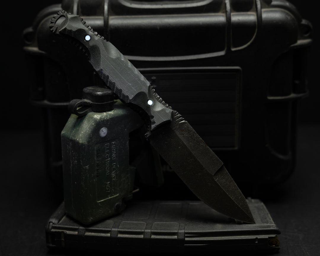 Hog Hunt- Real LBT MAS Grey Nyco Micarta, Old School Rock Work, Gimping, Waterjet Mark Spine, Glow Pins, Textured Grip