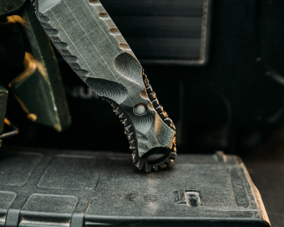 Hog Hunt- Real LBT MAS Grey Nyco Micarta, Old School Rock Work, Gimping, Waterjet Mark Spine, Glow Pins, Textured Grip