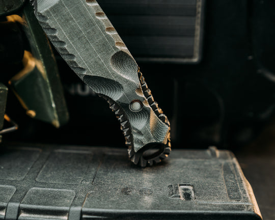 Hog Hunt- Real LBT MAS Grey Nyco Micarta, Old School Rock Work, Gimping, Waterjet Mark Spine, Glow Pins, Textured Grip