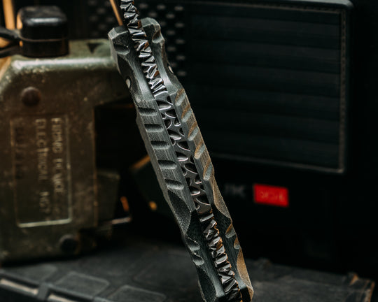 Hog Hunt- Real LBT MAS Grey Nyco Micarta, Old School Rock Work, Gimping, Waterjet Mark Spine, Glow Pins, Textured Grip