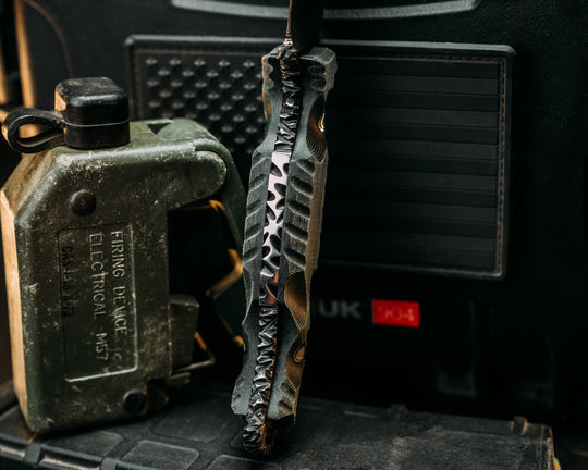 Hog Hunt- Real LBT MAS Grey Nyco Micarta, Old School Rock Work, Gimping, Waterjet Mark Spine, Glow Pins, Textured Grip