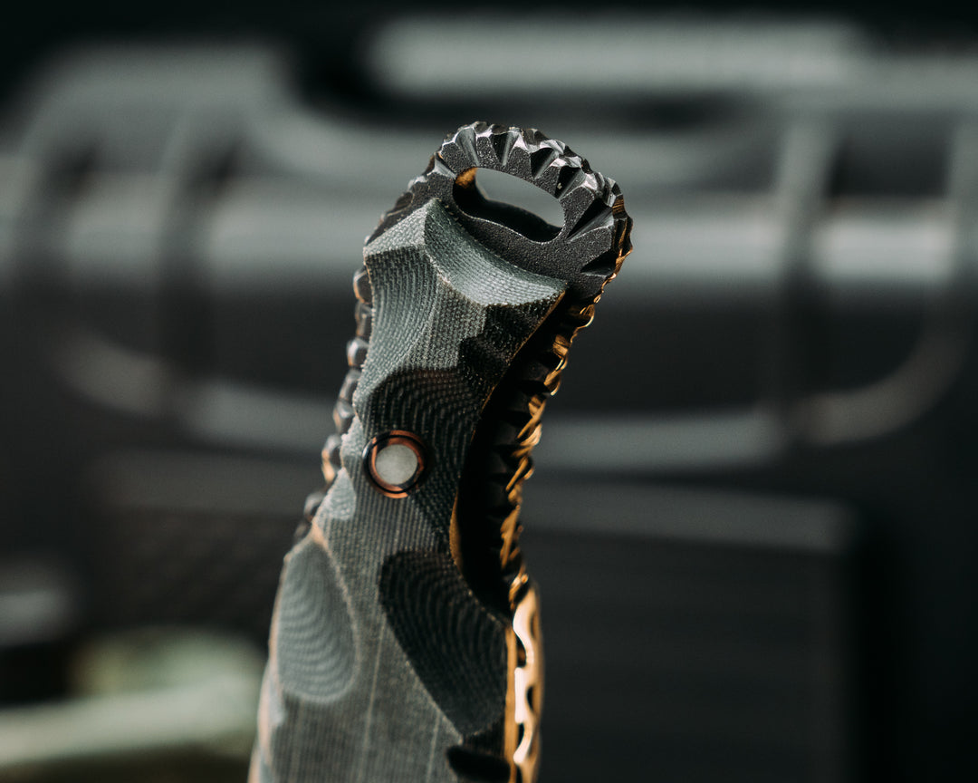 Hog Hunt- Real LBT MAS Grey Nyco Micarta, Old School Rock Work, Gimping, Waterjet Mark Spine, Glow Pins, Textured Grip