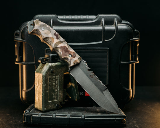 Notched Wire Cutter Breacher Gen 3- White Linen Duck Camo Micarta, Aluminum and Glow Resin Pins, Old School Rock Work, Textured Grip