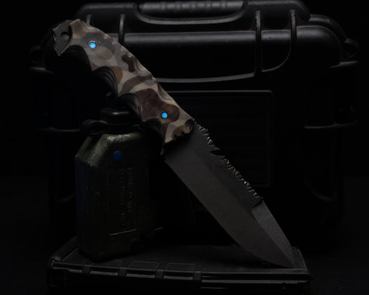 Notched Wire Cutter Breacher Gen 3- White Linen Duck Camo Micarta, Aluminum and Glow Resin Pins, Old School Rock Work, Textured Grip