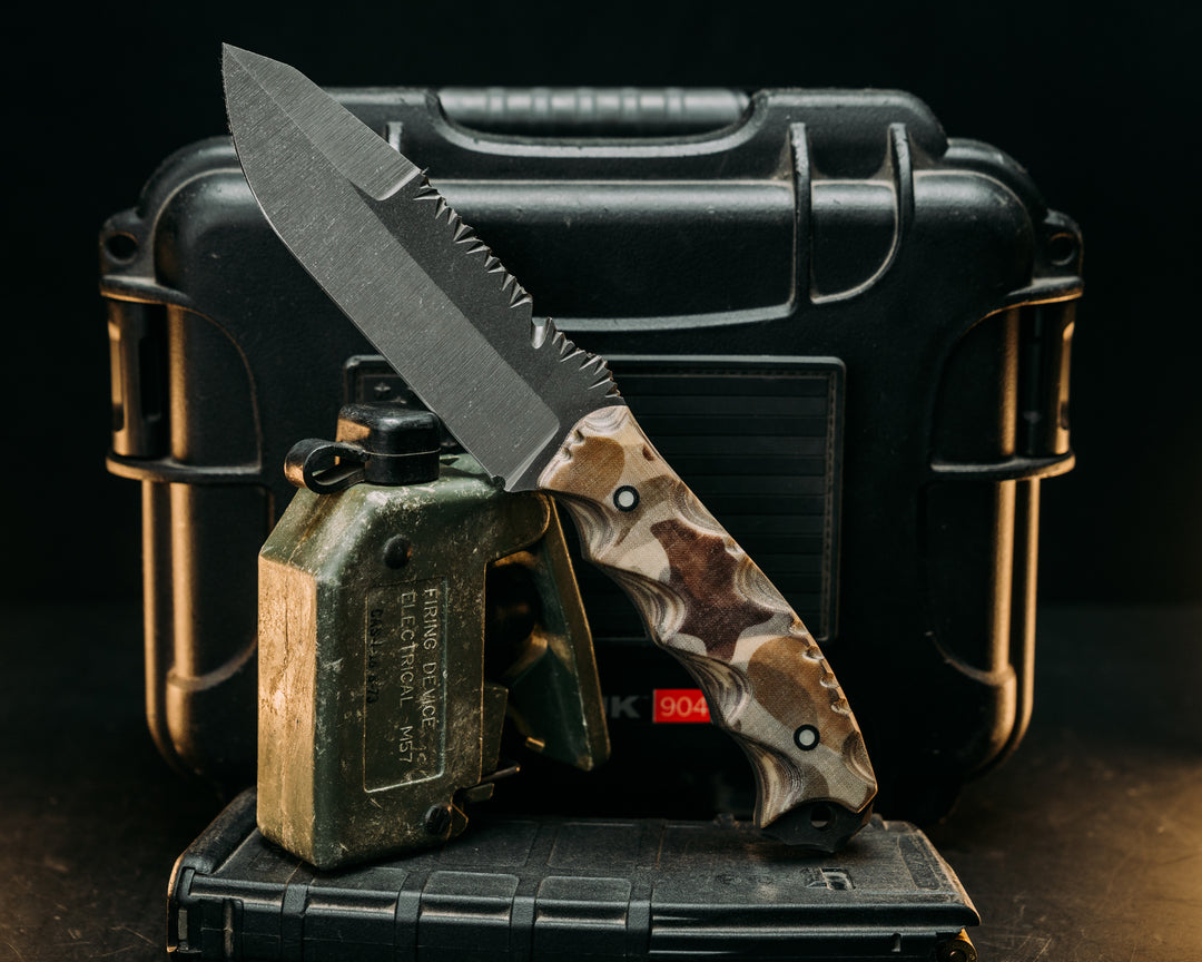 Notched Wire Cutter Breacher Gen 3- White Linen Duck Camo Micarta, Aluminum and Glow Resin Pins, Old School Rock Work, Textured Grip