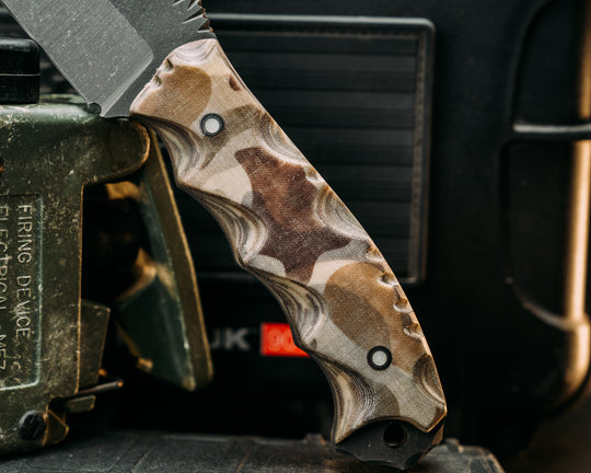 Notched Wire Cutter Breacher Gen 3- White Linen Duck Camo Micarta, Aluminum and Glow Resin Pins, Old School Rock Work, Textured Grip