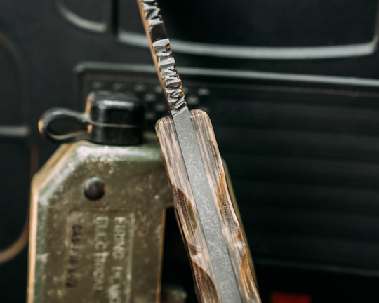 Notched Wire Cutter Breacher Gen 3- White Linen Duck Camo Micarta, Aluminum and Glow Resin Pins, Old School Rock Work, Textured Grip