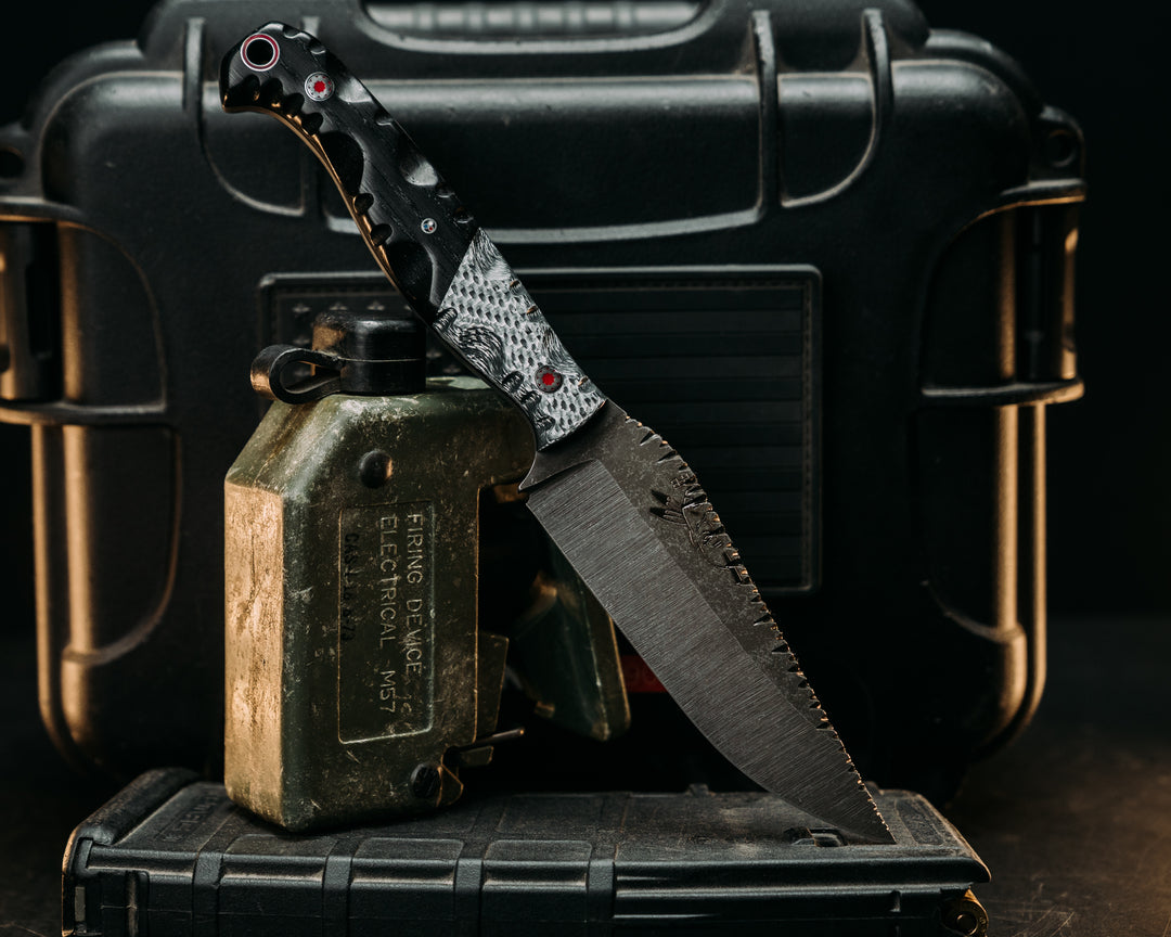 Crow Pre-Jay- Silver Carbon, Ancient Bog Oak, Mosaic Pins, 1/8" Patriot Mosaic Pins, Aluminum and Red Resin Lanyard Pin, Textured Grip