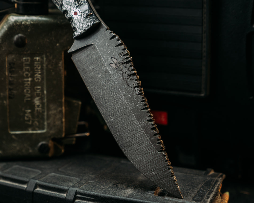 Crow Pre-Jay- Silver Carbon, Ancient Bog Oak, Mosaic Pins, 1/8" Patriot Mosaic Pins, Aluminum and Red Resin Lanyard Pin, Textured Grip