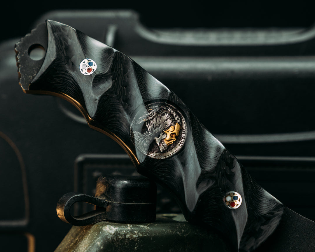Notched Wire Cutter Breacher Gen 3- Carbon Fiber, ATX Engraving 1937 Gold Face Buffalo Nickel Inlay, Patriot Mosaic Pins, Textured Grip