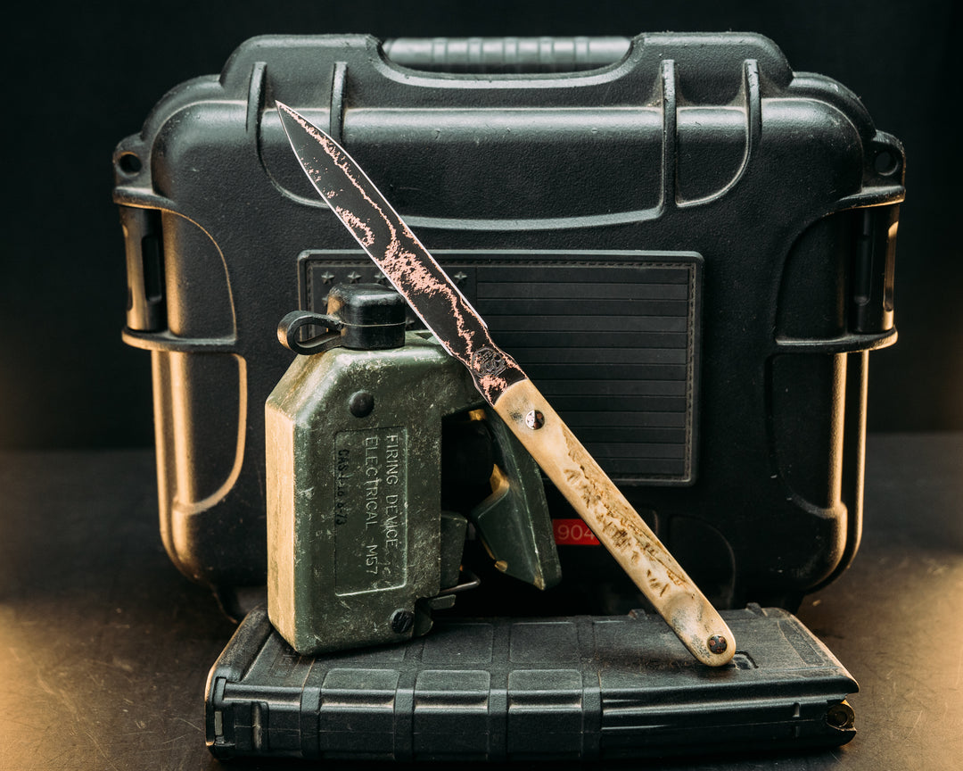 OSS Spike- Baker Forge Random Pattern CopperMai- Moose Antler, Mosaic Pins, Natural Textured Grip