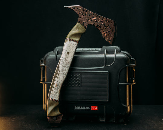 Recce Alpha Hawk- Baker Forge Raindrop CopperMai- Olive Green Canvas Micarta, Black G10 and Copper Pin Striping, Elk Antler Split, Mosaic Pins, Textured Grip