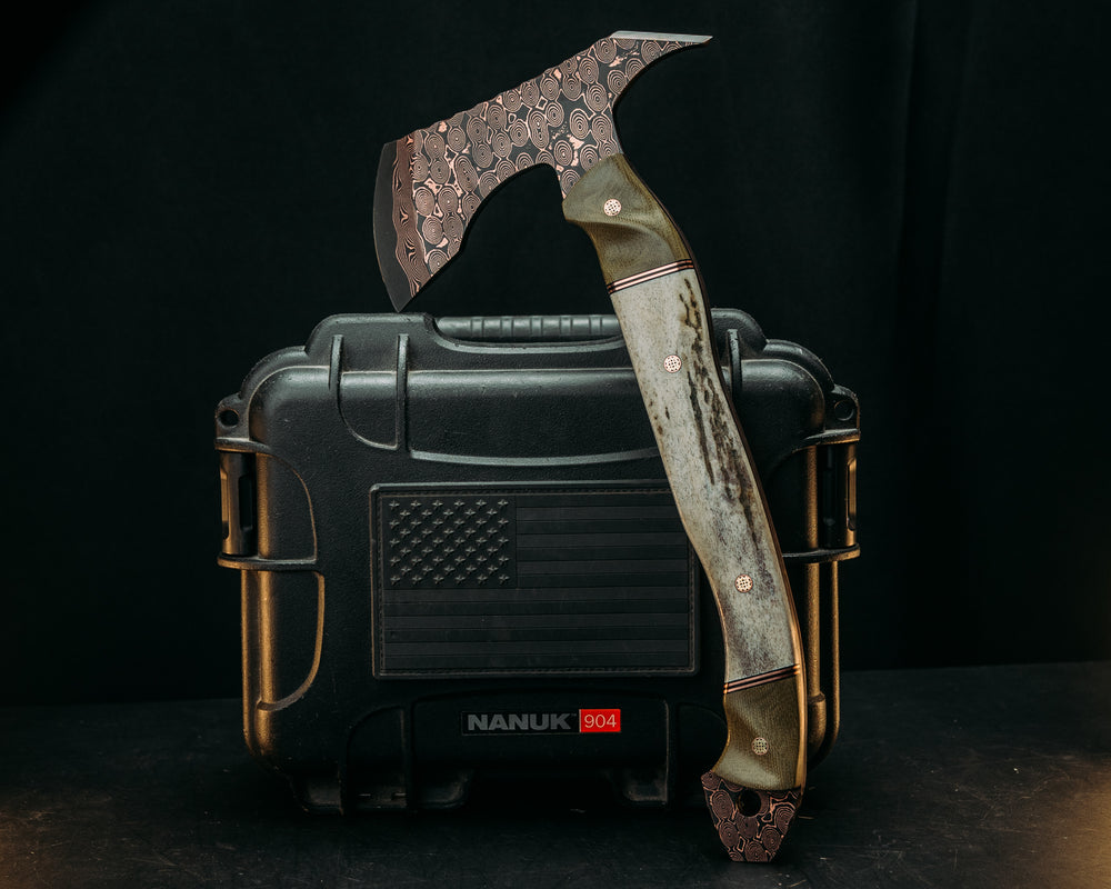 Recce Alpha Hawk- Baker Forge Raindrop CopperMai- Olive Green Canvas Micarta, Black G10 and Copper Pin Striping, Elk Antler Split, Mosaic Pins, Textured Grip