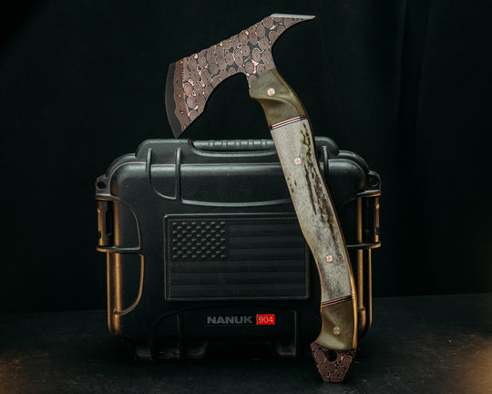 Recce Alpha Hawk- Baker Forge Raindrop CopperMai- Olive Green Canvas Micarta, Black G10 and Copper Pin Striping, Elk Antler Split, Mosaic Pins, Textured Grip
