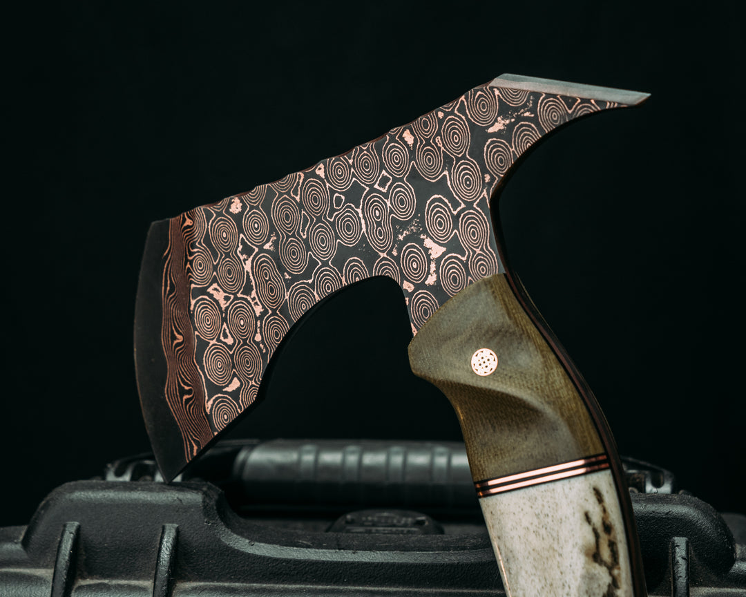 Recce Alpha Hawk- Baker Forge Raindrop CopperMai- Olive Green Canvas Micarta, Black G10 and Copper Pin Striping, Elk Antler Split, Mosaic Pins, Textured Grip