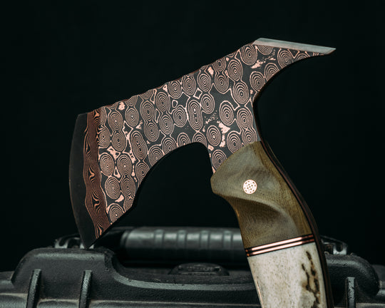 Recce Alpha Hawk- Baker Forge Raindrop CopperMai- Olive Green Canvas Micarta, Black G10 and Copper Pin Striping, Elk Antler Split, Mosaic Pins, Textured Grip