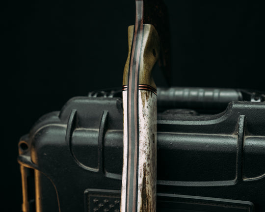 Recce Alpha Hawk- Baker Forge Raindrop CopperMai- Olive Green Canvas Micarta, Black G10 and Copper Pin Striping, Elk Antler Split, Mosaic Pins, Textured Grip