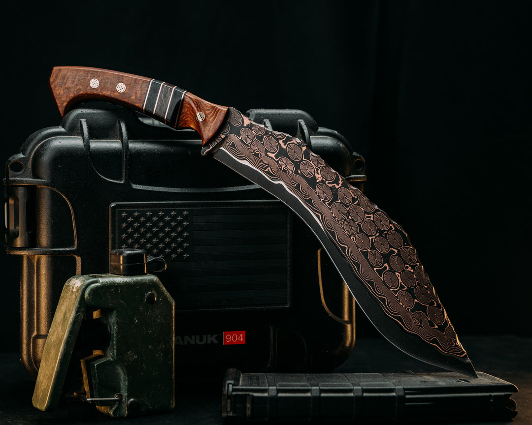 Kukri- Baker Forge Raindrop Ni-Shim CopperMai- Leopard Wood, Black G10 and Copper Pin Striping, Black Burlap Micarta and Copper Dark Matter Carbon Split, Mosaic Pins, Textured Grip