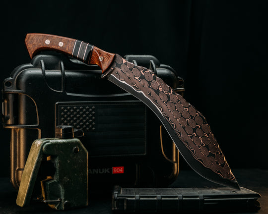 Kukri- Baker Forge Raindrop Ni-Shim CopperMai- Leopard Wood, Black G10 and Copper Pin Striping, Black Burlap Micarta and Copper Dark Matter Carbon Split, Mosaic Pins, Textured Grip