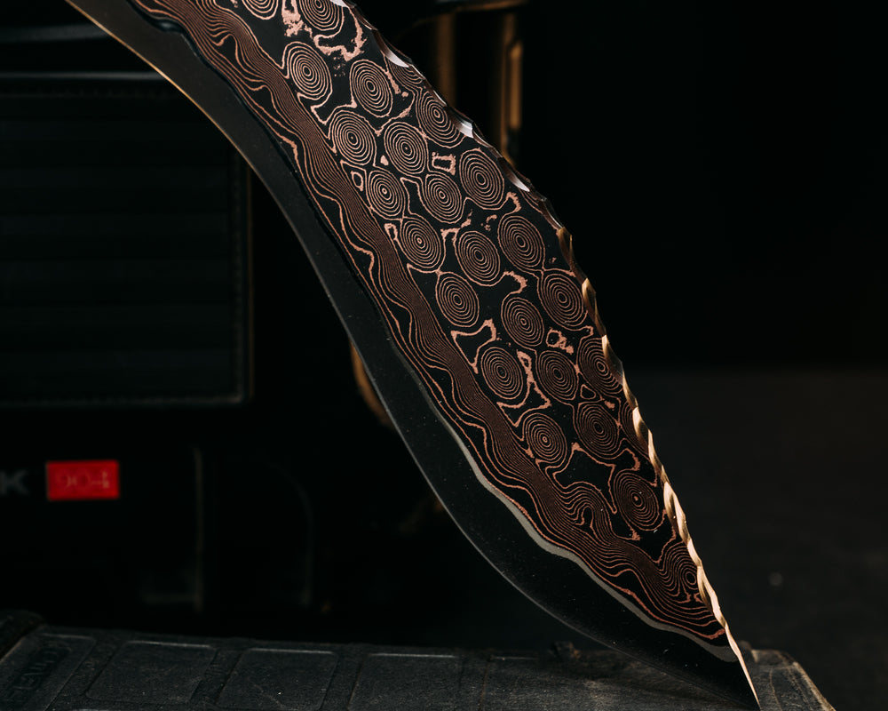 Kukri- Baker Forge Raindrop Ni-Shim CopperMai- Leopard Wood, Black G10 and Copper Pin Striping, Black Burlap Micarta and Copper Dark Matter Carbon Split, Mosaic Pins, Textured Grip