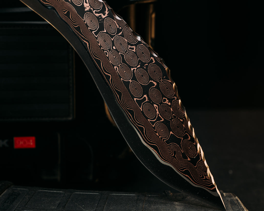 Kukri- Baker Forge Raindrop Ni-Shim CopperMai- Leopard Wood, Black G10 and Copper Pin Striping, Black Burlap Micarta and Copper Dark Matter Carbon Split, Mosaic Pins, Textured Grip