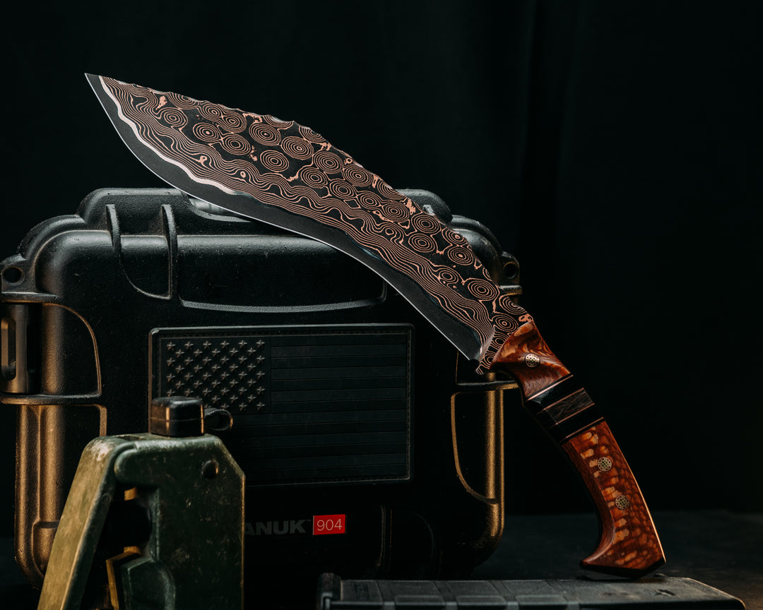 Kukri- Baker Forge Raindrop Ni-Shim CopperMai- Leopard Wood, Black G10 and Copper Pin Striping, Black Burlap Micarta and Copper Dark Matter Carbon Split, Mosaic Pins, Textured Grip