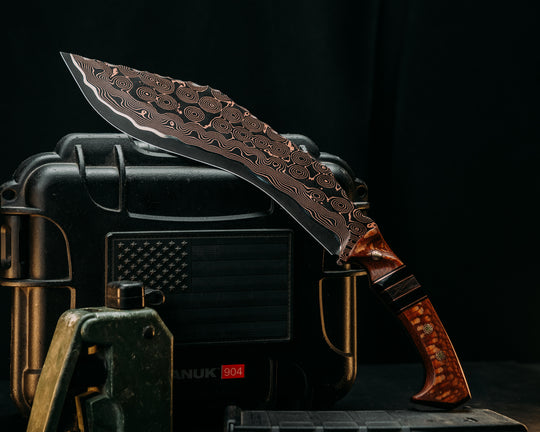 Kukri- Baker Forge Raindrop Ni-Shim CopperMai- Leopard Wood, Black G10 and Copper Pin Striping, Black Burlap Micarta and Copper Dark Matter Carbon Split, Mosaic Pins, Textured Grip