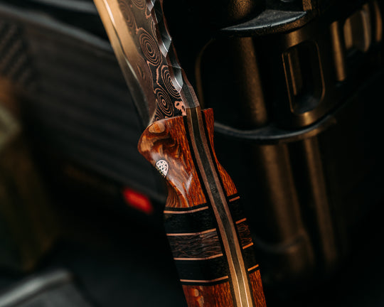 Kukri- Baker Forge Raindrop Ni-Shim CopperMai- Leopard Wood, Black G10 and Copper Pin Striping, Black Burlap Micarta and Copper Dark Matter Carbon Split, Mosaic Pins, Textured Grip