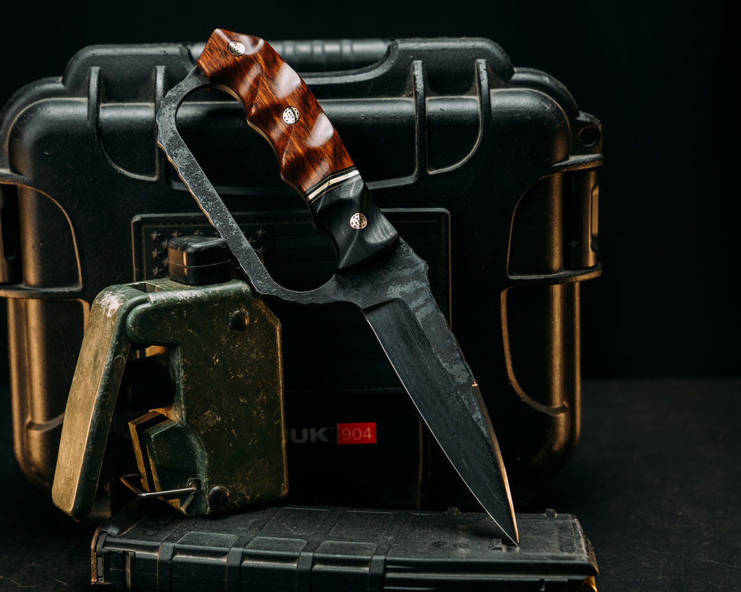 Trench Knife- Baker Forge Random Pattern Damascus- Ebony Wood, Black G10, Coyote G10 and Brass Split, Snakewood, Mosaic Pins, Textured Grip