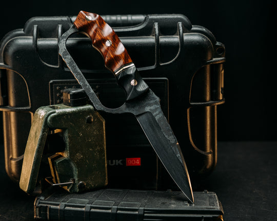 Trench Knife- Baker Forge Random Pattern Damascus- Ebony Wood, Black G10, Coyote G10 and Brass Split, Snakewood, Mosaic Pins, Textured Grip