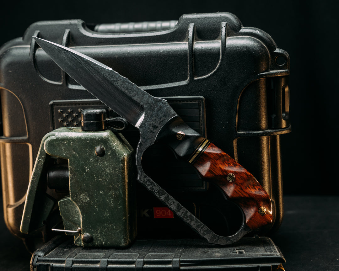 Trench Knife- Baker Forge Random Pattern Damascus- Ebony Wood, Black G10, Coyote G10 and Brass Split, Snakewood, Mosaic Pins, Textured Grip