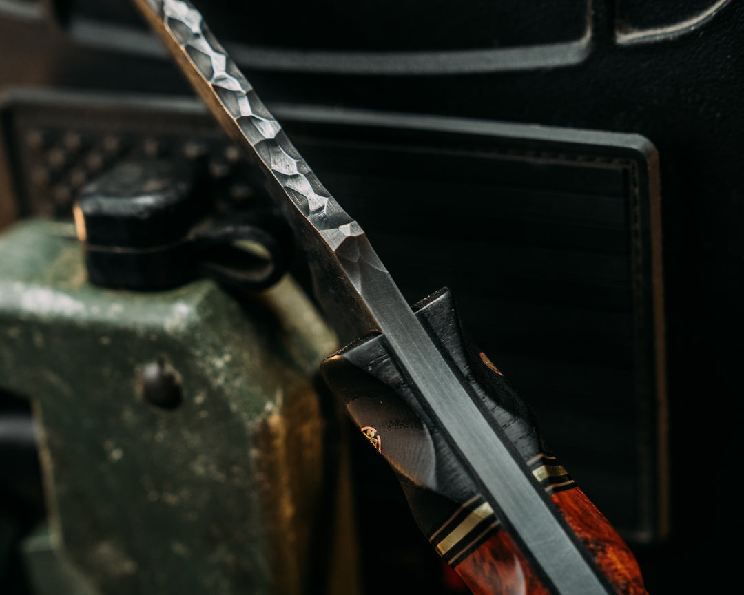 Trench Knife- Baker Forge Random Pattern Damascus- Ebony Wood, Black G10, Coyote G10 and Brass Split, Snakewood, Mosaic Pins, Textured Grip