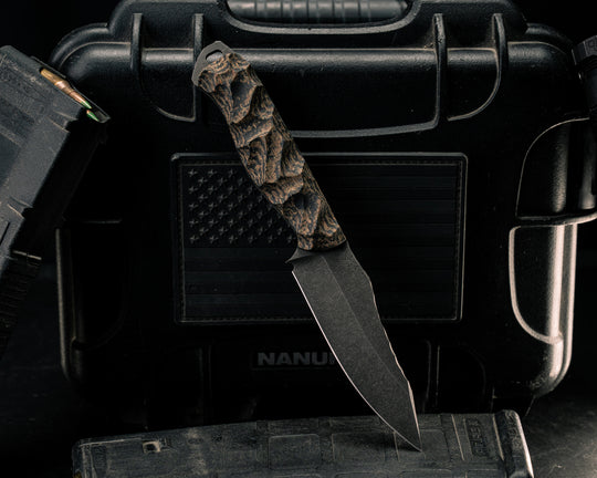 Field Knife Jr- Mossy Oak Burlap Micarta, CF Pins, Textured Grip