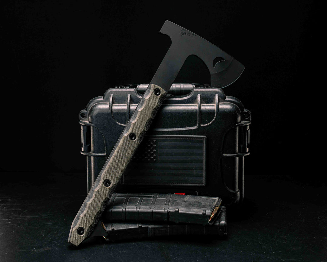 Half Face Blades Howler Hawk- Black and OD Green Canvas Micarta, Armor Black Cerakote, Allen Bolts, Textured Grip