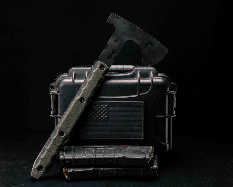 Howler Hawk- Black and OD Green Canvas Micarta, Black Multicam Cerakote, Allen Bolts, Textured Grip